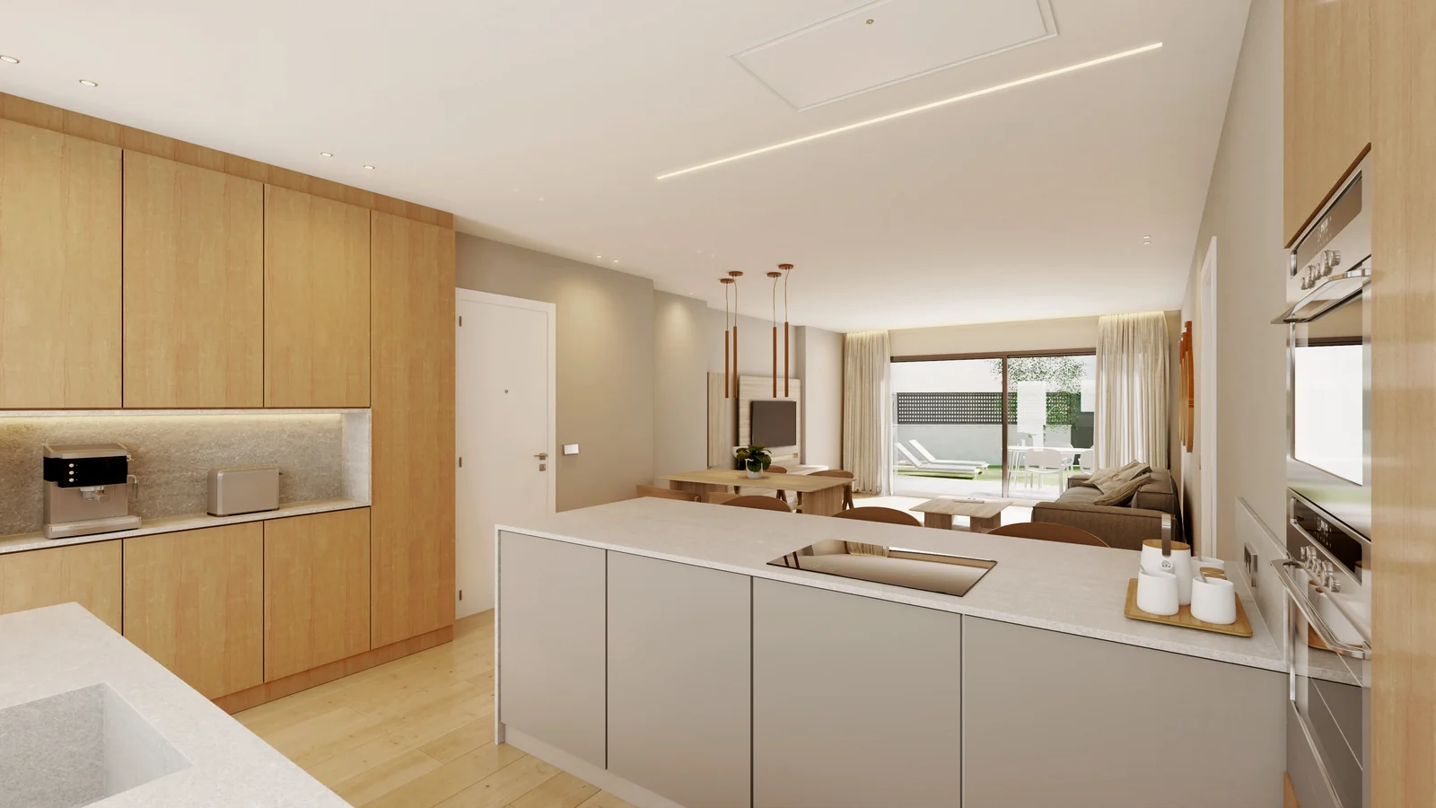 Render de la cocina abierta al salón