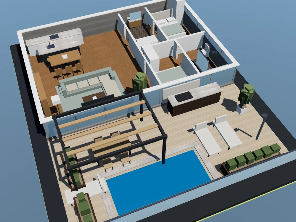 Maqueta interior de un ático con su terraza, la pérgola, la cocina exterior y la piscina
