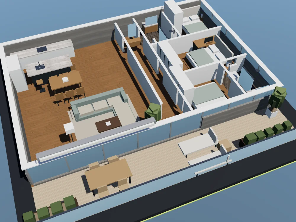 Maqueta interior de la vivienda tipo del Residencial Garbí, con el salón, la cocina y los tres dormitorios amueblados