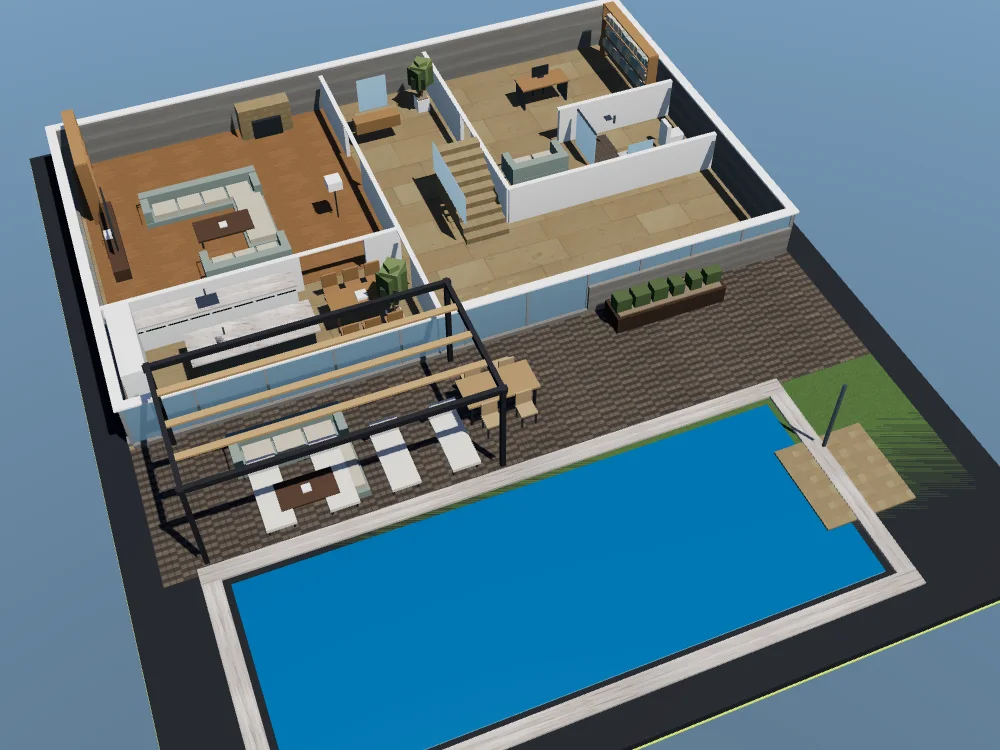 Maqueta interior de la planta baja de la villa, con el salón, la cocina, el porche y la piscina