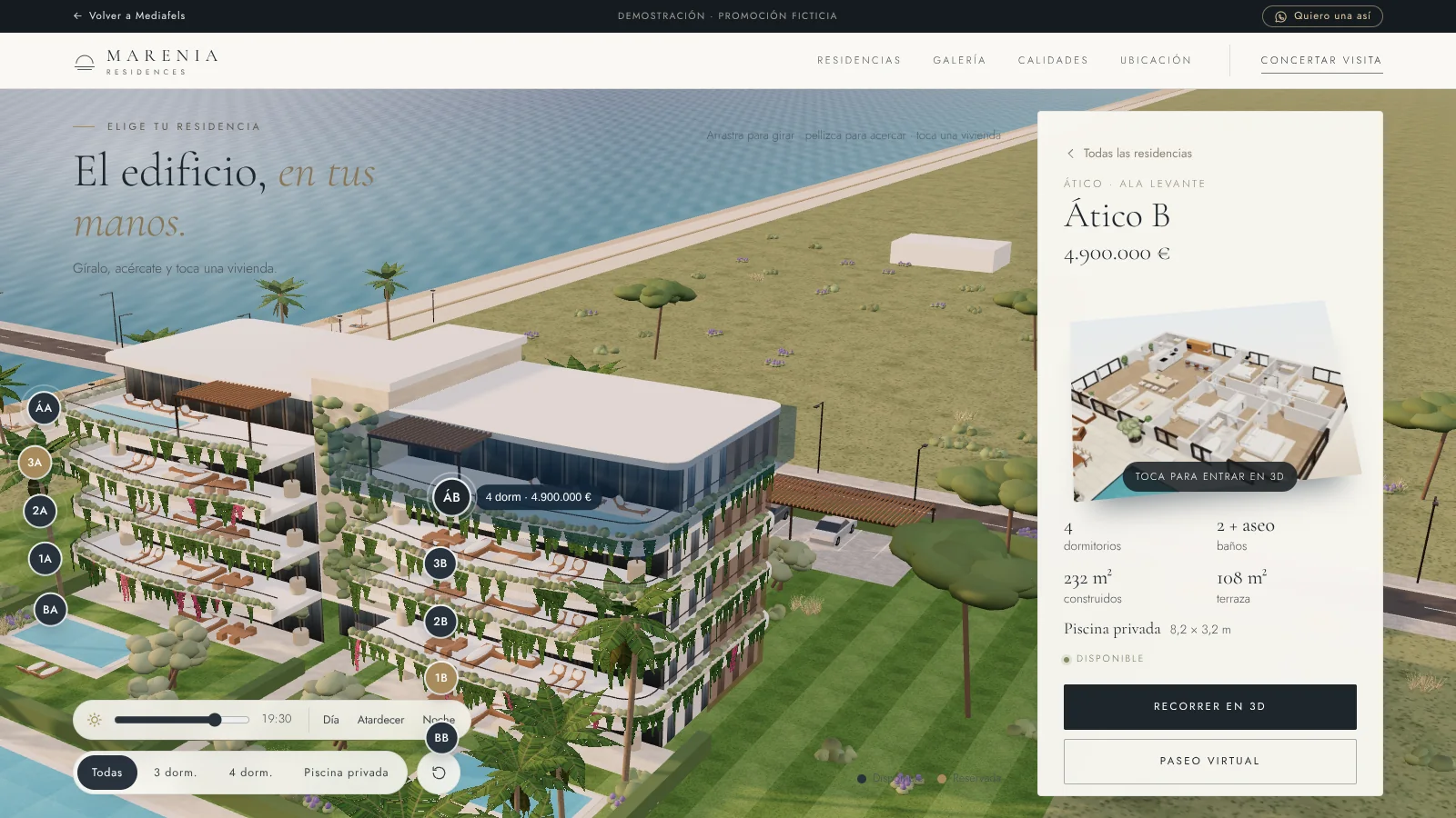 Maqueta 3D de Marenia Residences, promoción ficticia de demostración